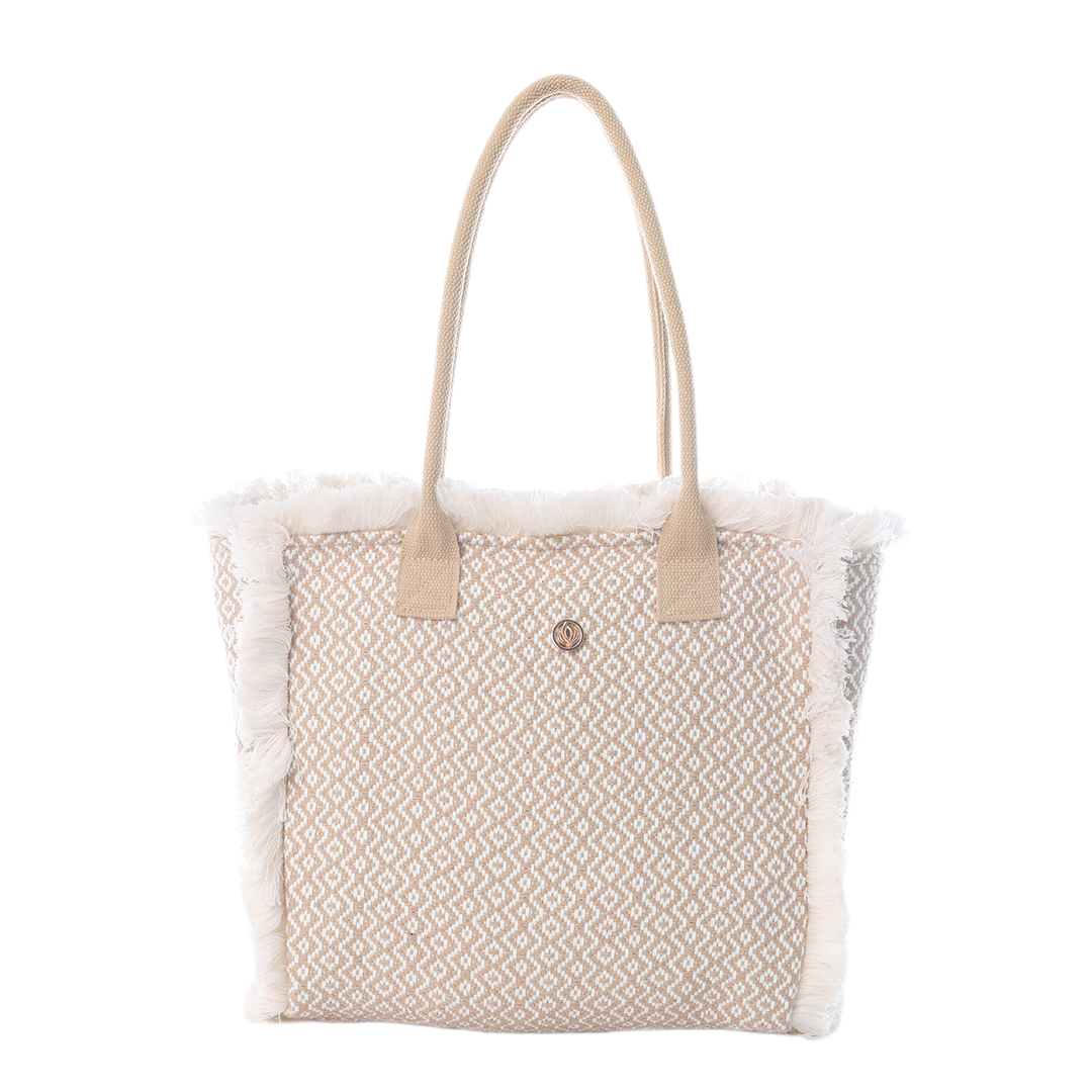VIA FIORE Beige Ikat Patterned Tote with Fringe Trim