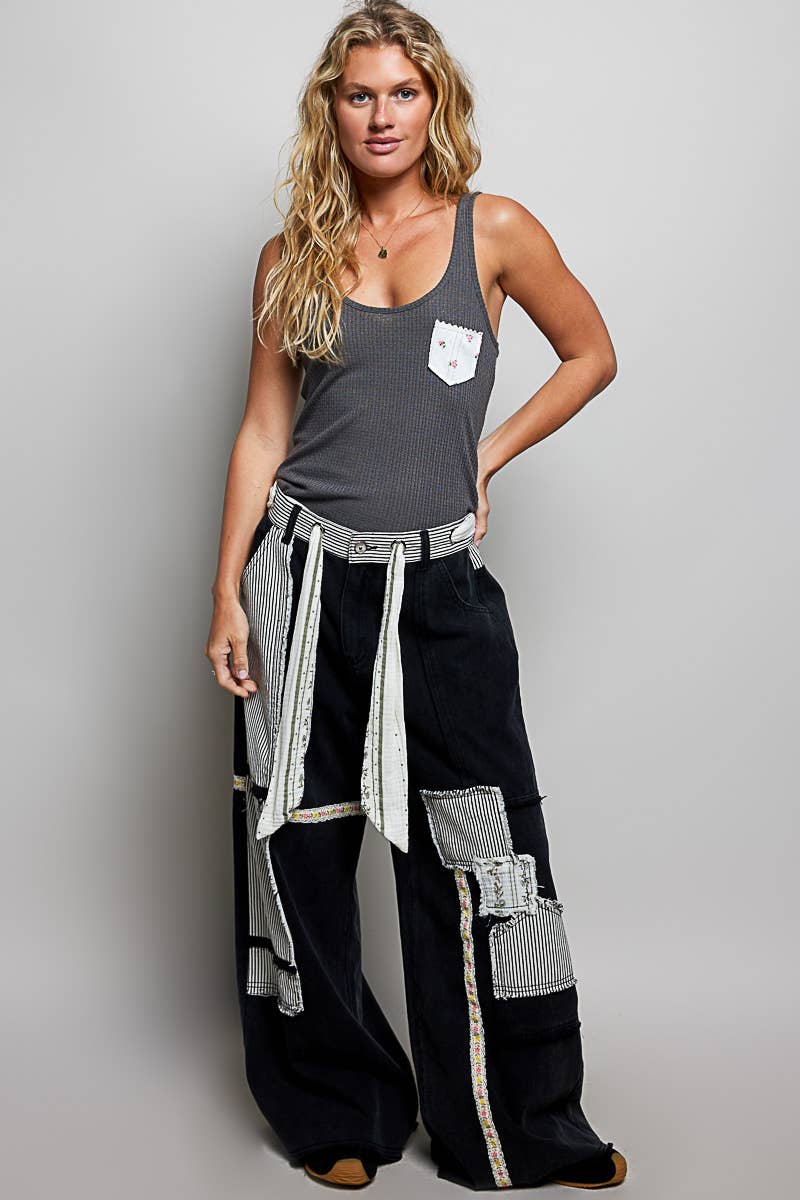 Pol Clothing Stripe Patch High Rise Wide Leg Twill Pants