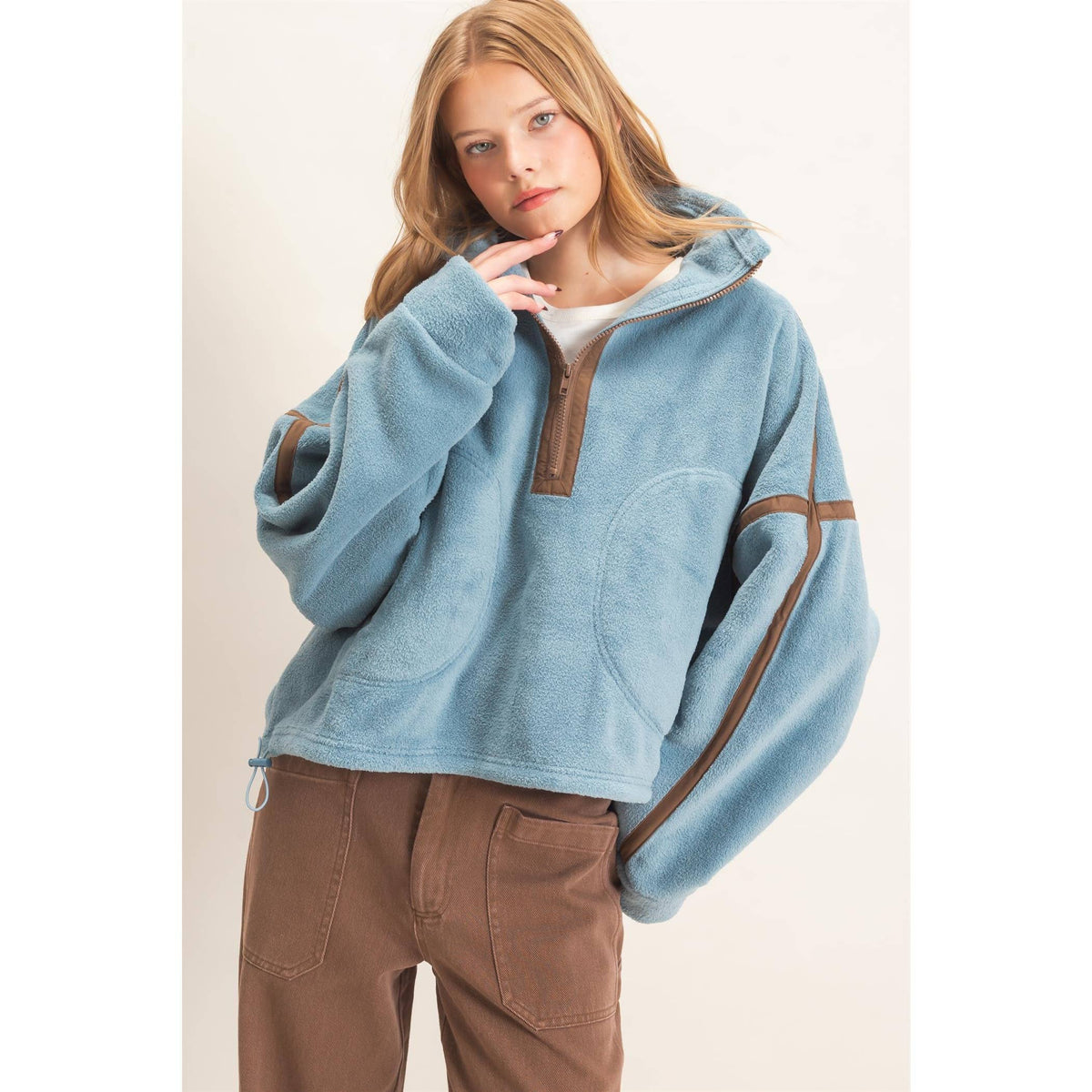 Contrast Trim Half-Zip Fleece Pullover