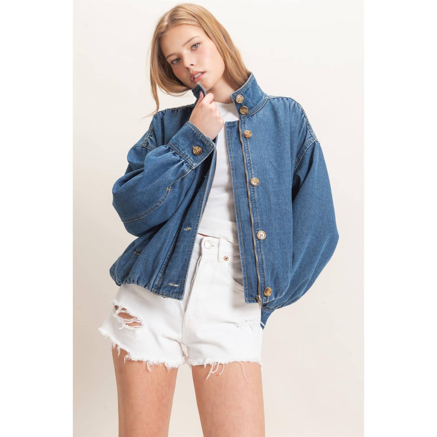 High Collar Denim Bomber Jacket