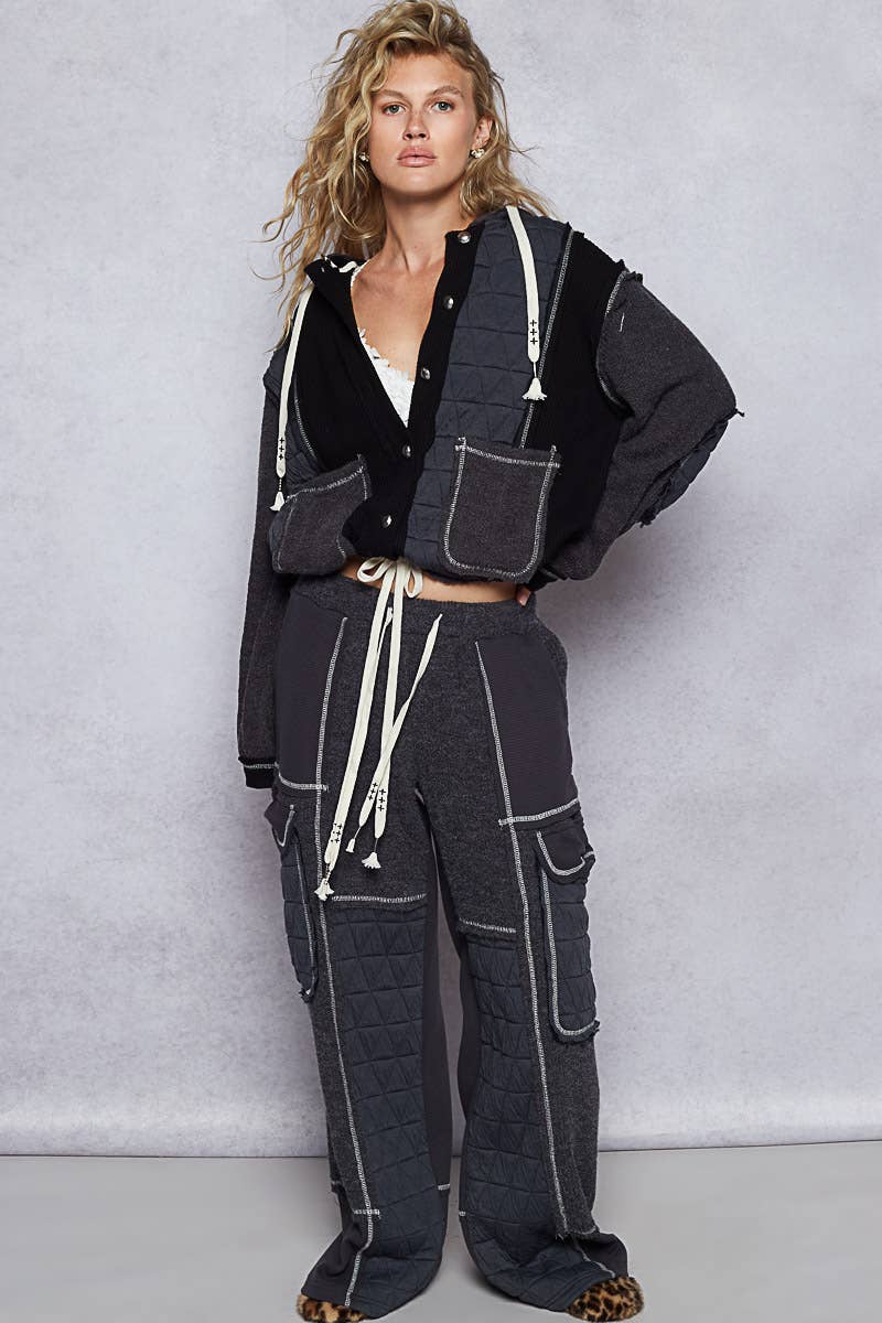 Pol Cut Sew Multi Fabric Quilted Thermal Hoodie Jacket