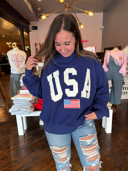 USA  Navy Embroidered Mock Neck
