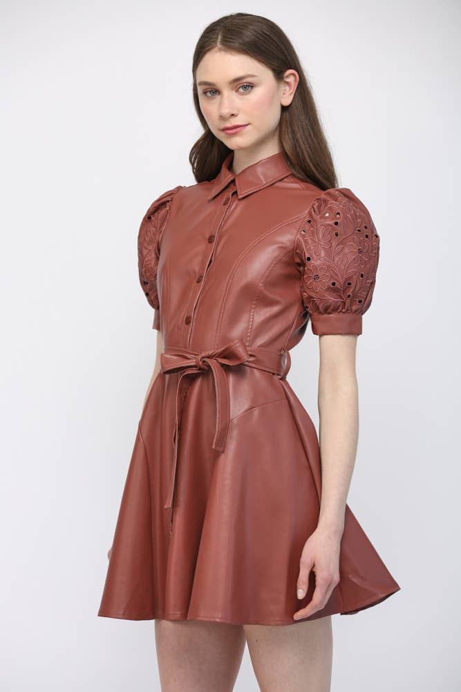 Faux Leather Embroidered Sleeve Dress