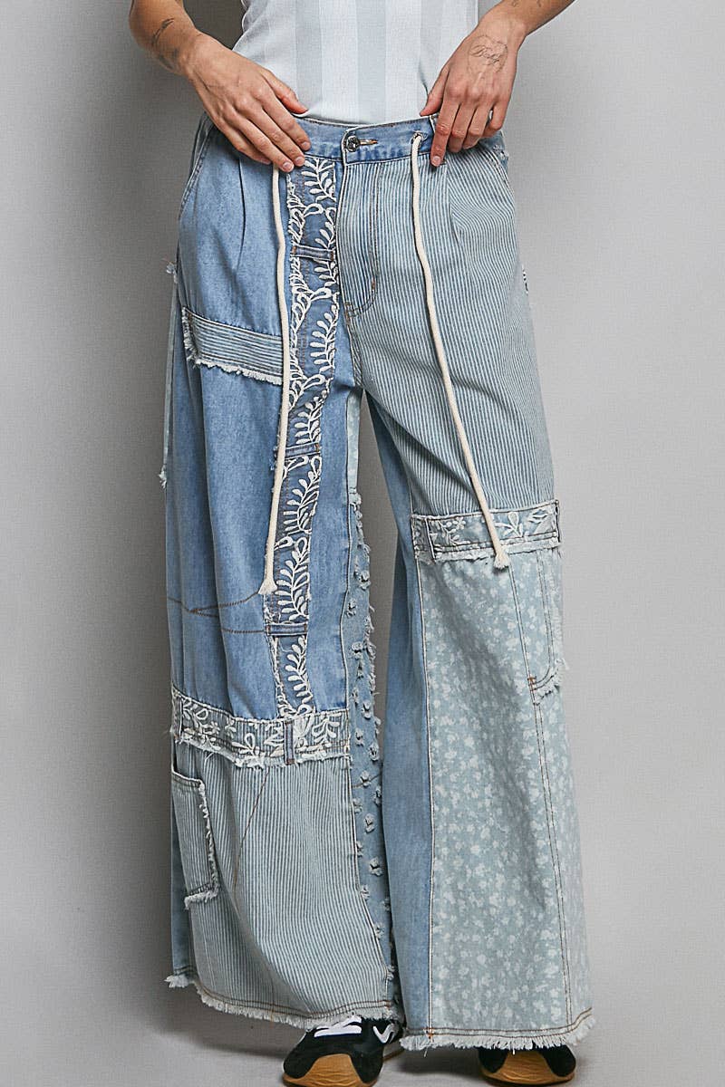 Pol Lace-Overlay Denim Pant