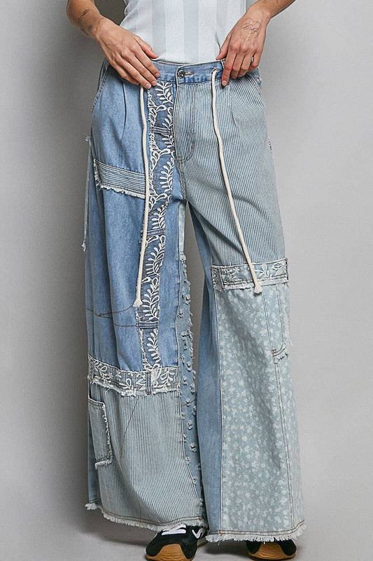 Pol Lace-Overlay Denim Pant