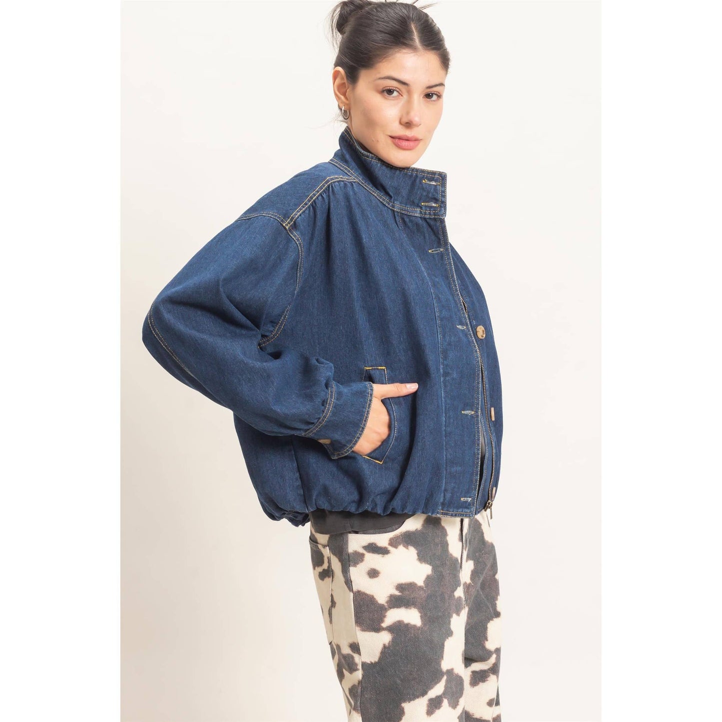 High Collar Denim Bomber Jacket
