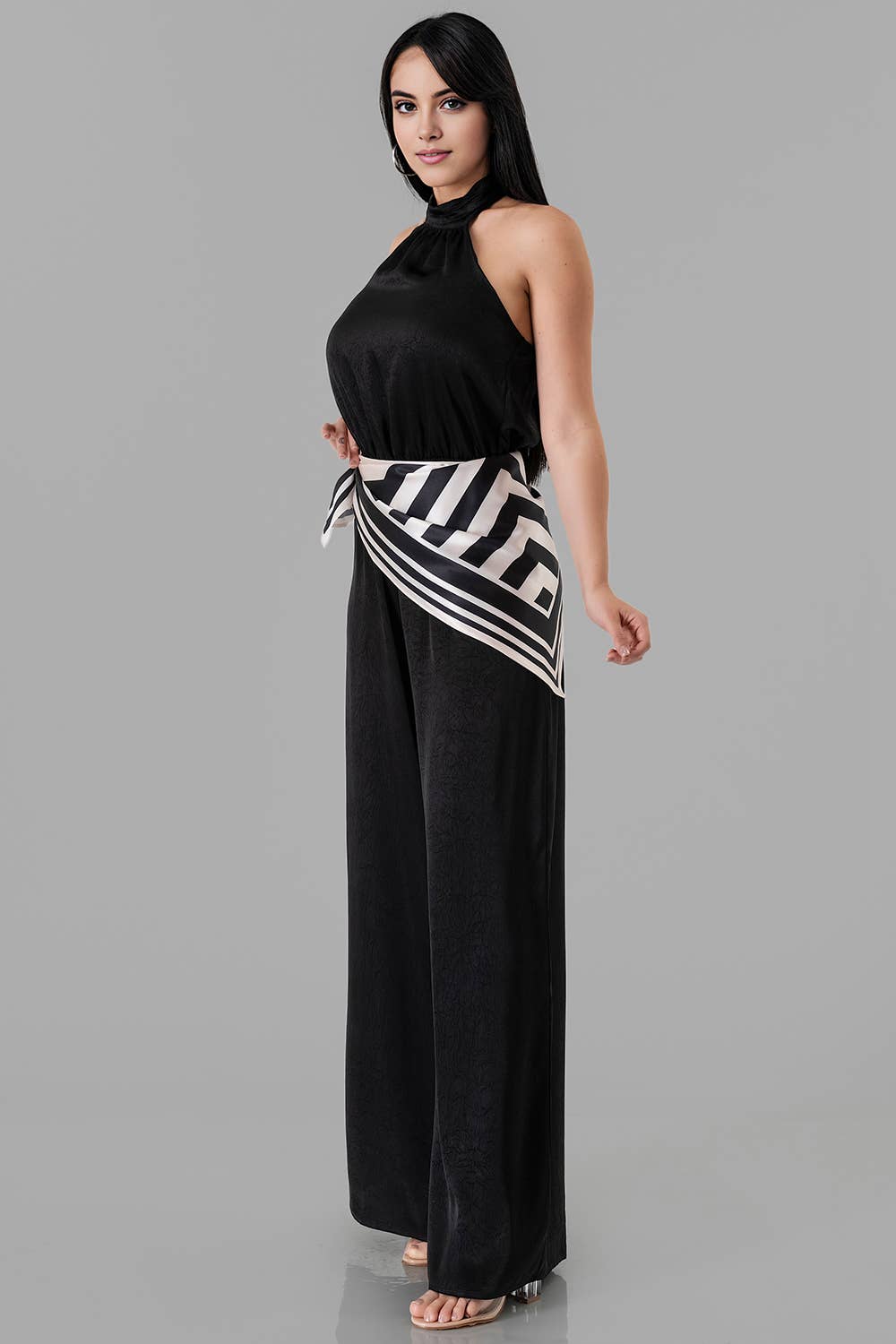 Satin Halter Neck Wide-Leg Jumpsuit with Scarf Detail