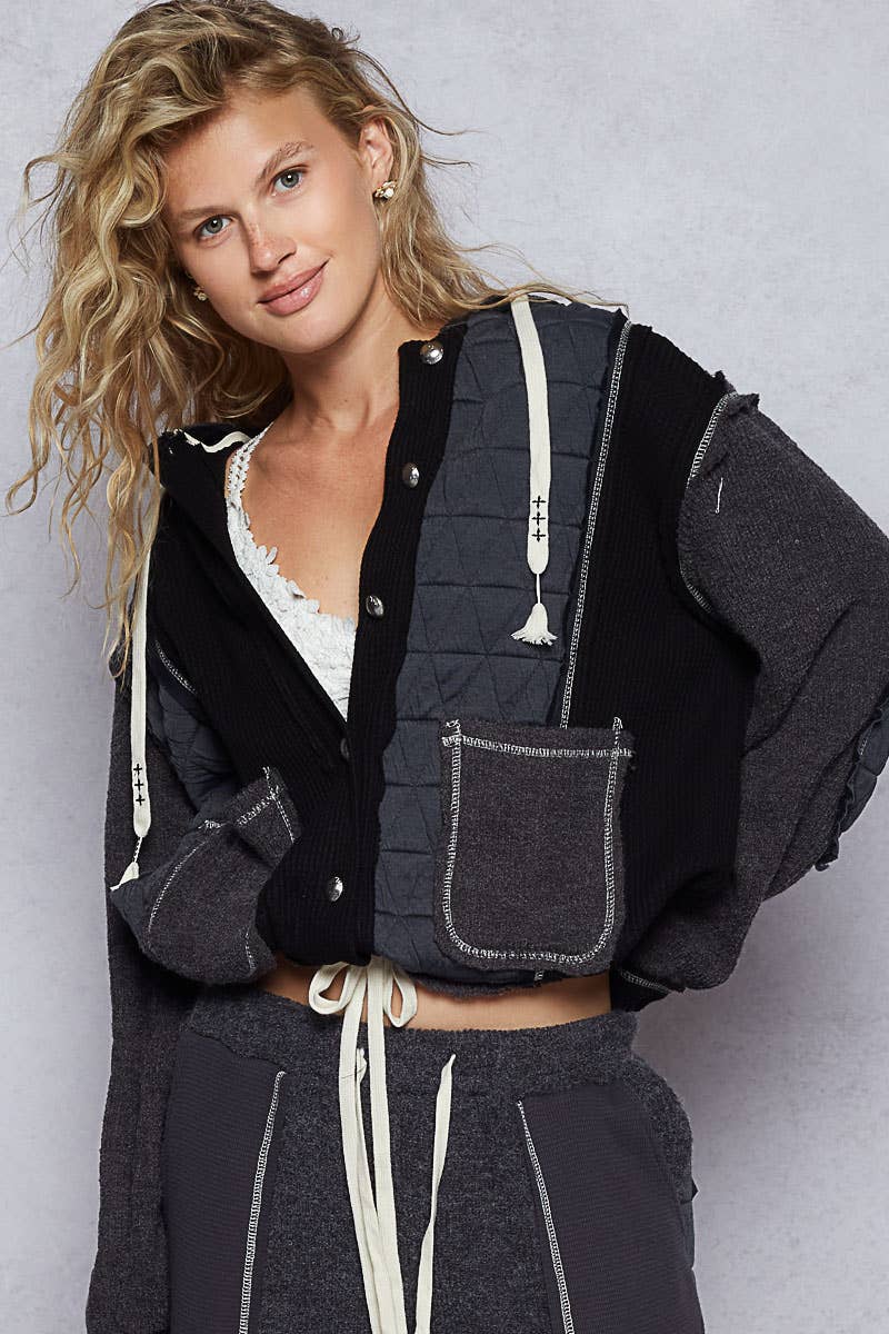 Pol Cut Sew Multi Fabric Quilted Thermal Hoodie Jacket