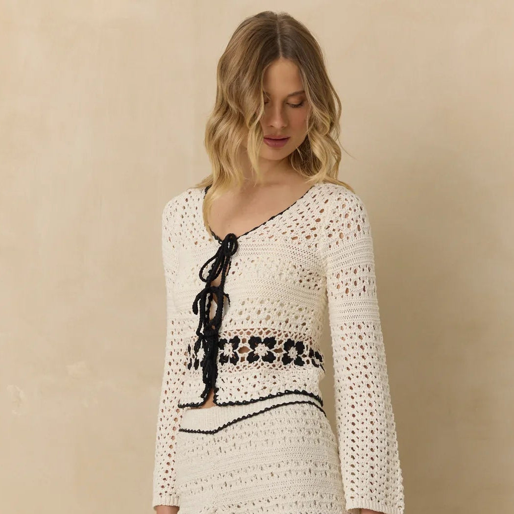 Vintage Havana Crochet Floral Tie Front Top