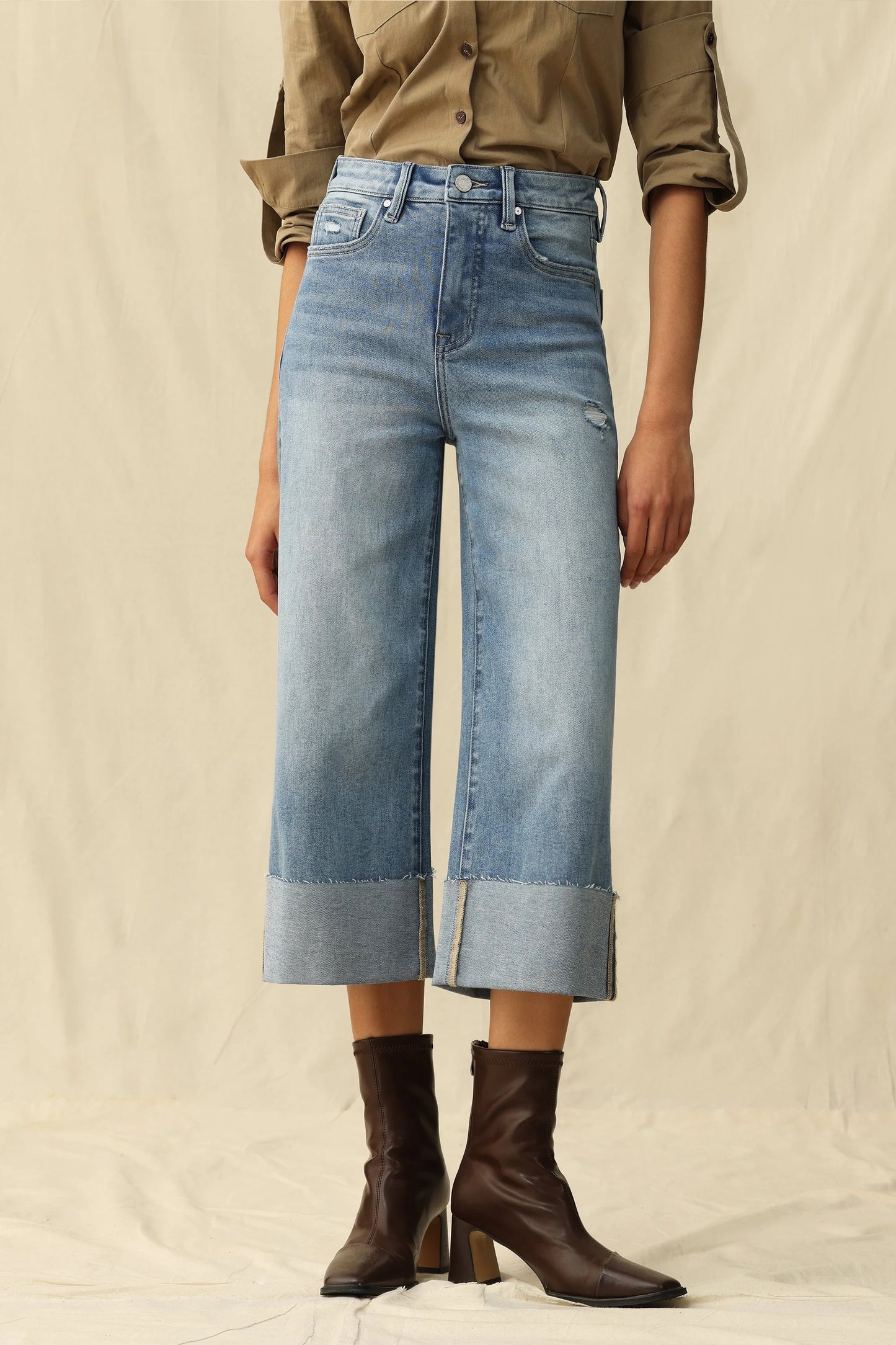 Bayeas High Rise Wide Leg Cuff Jeans