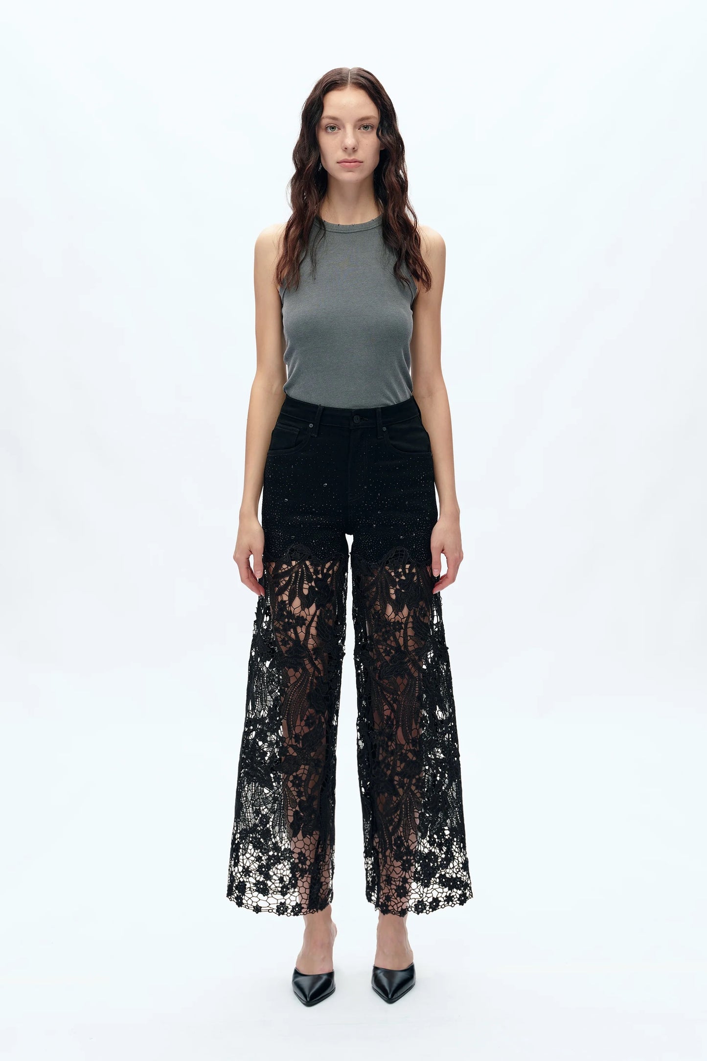Bayeas Embroidery Wide Leg Lace Jeans With Rhinestone
