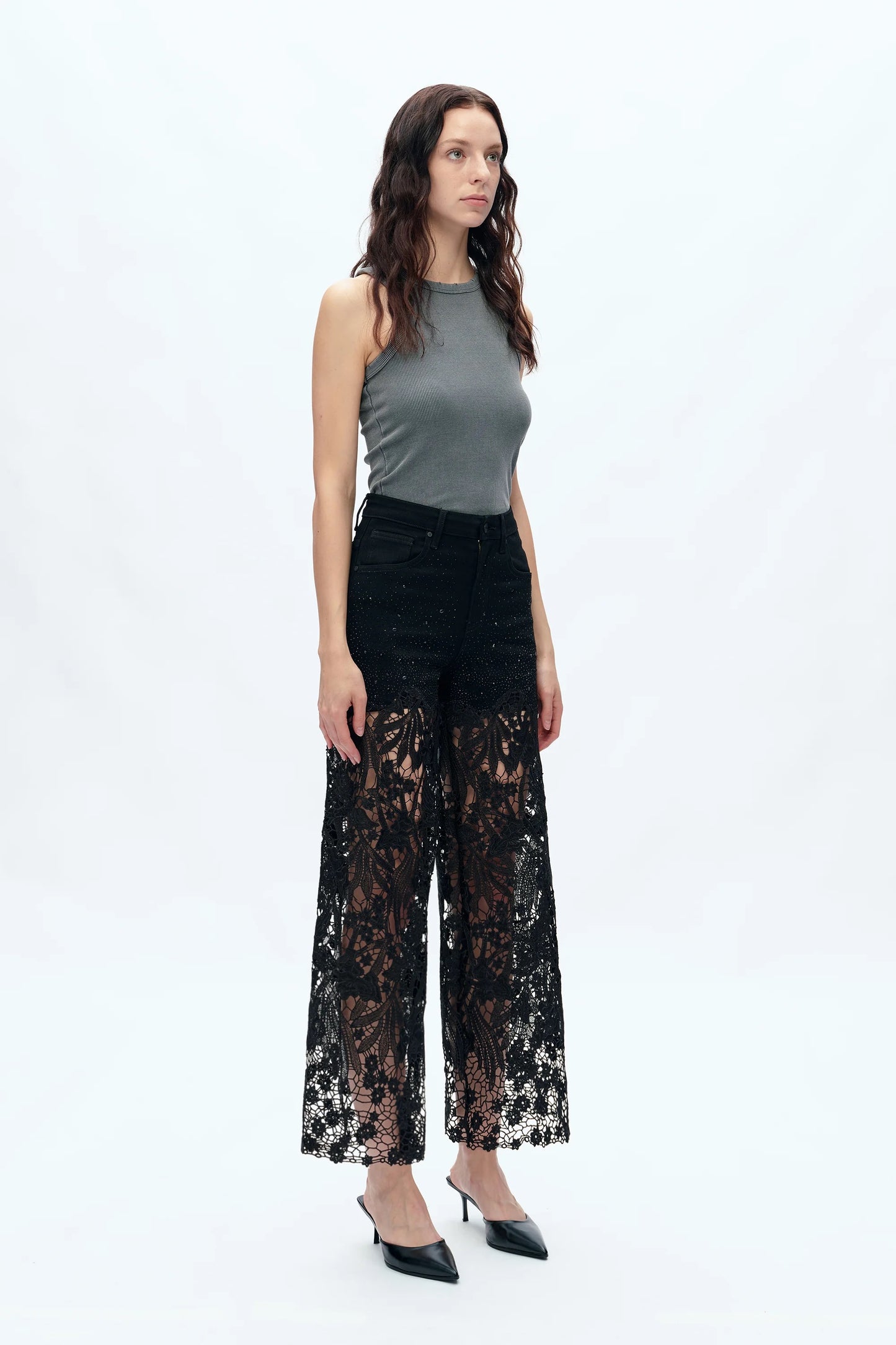 Bayeas Embroidery Wide Leg Lace Jeans With Rhinestone