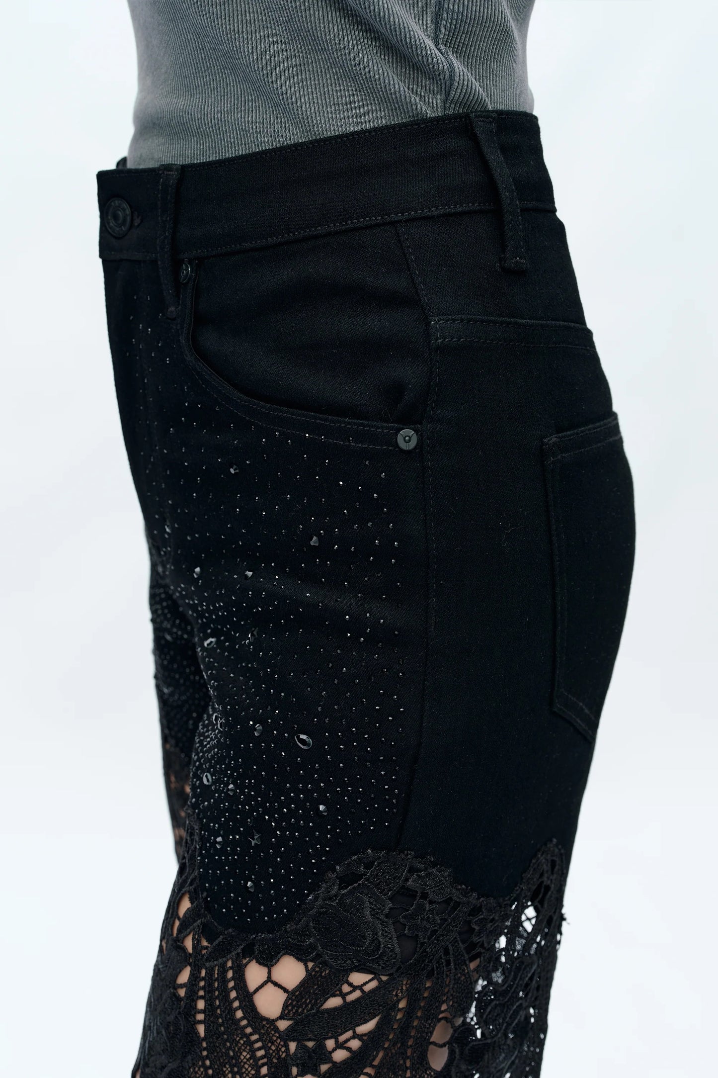 Bayeas Embroidery Wide Leg Lace Jeans With Rhinestone
