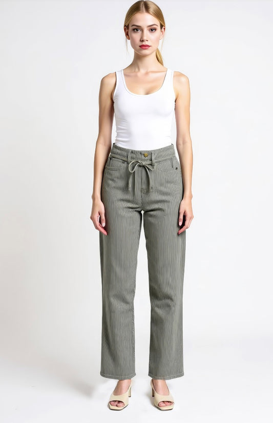 OAT Belted High Rise Olive Green and White Striped Jean