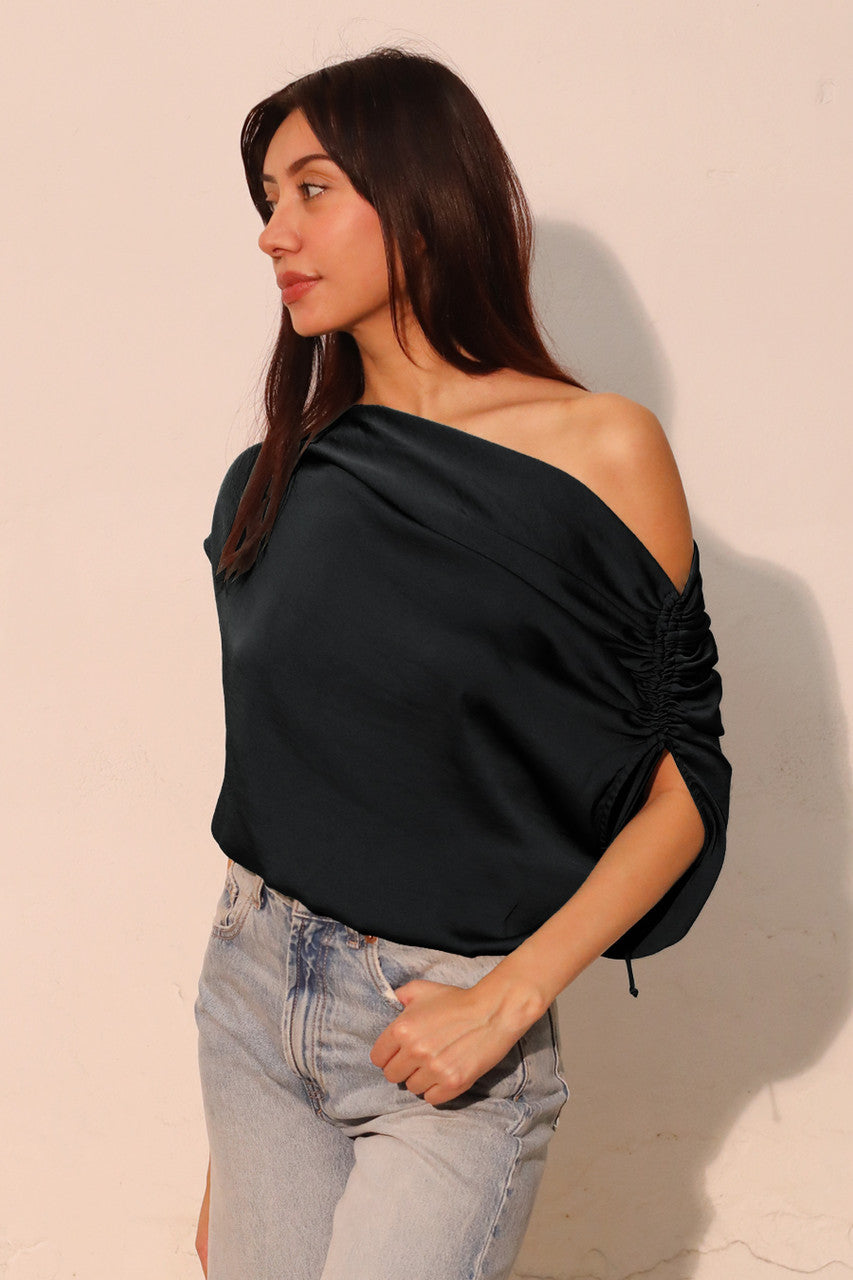Tyche Washed Poly Silk Asymmetrical Drawstring Top