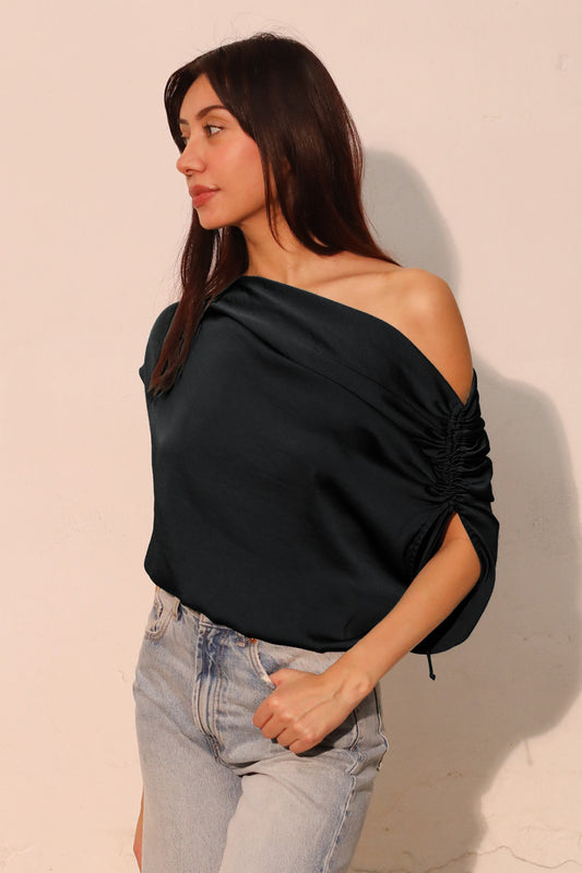 Washed Poly Silk Asymmetrical Drawstring Top