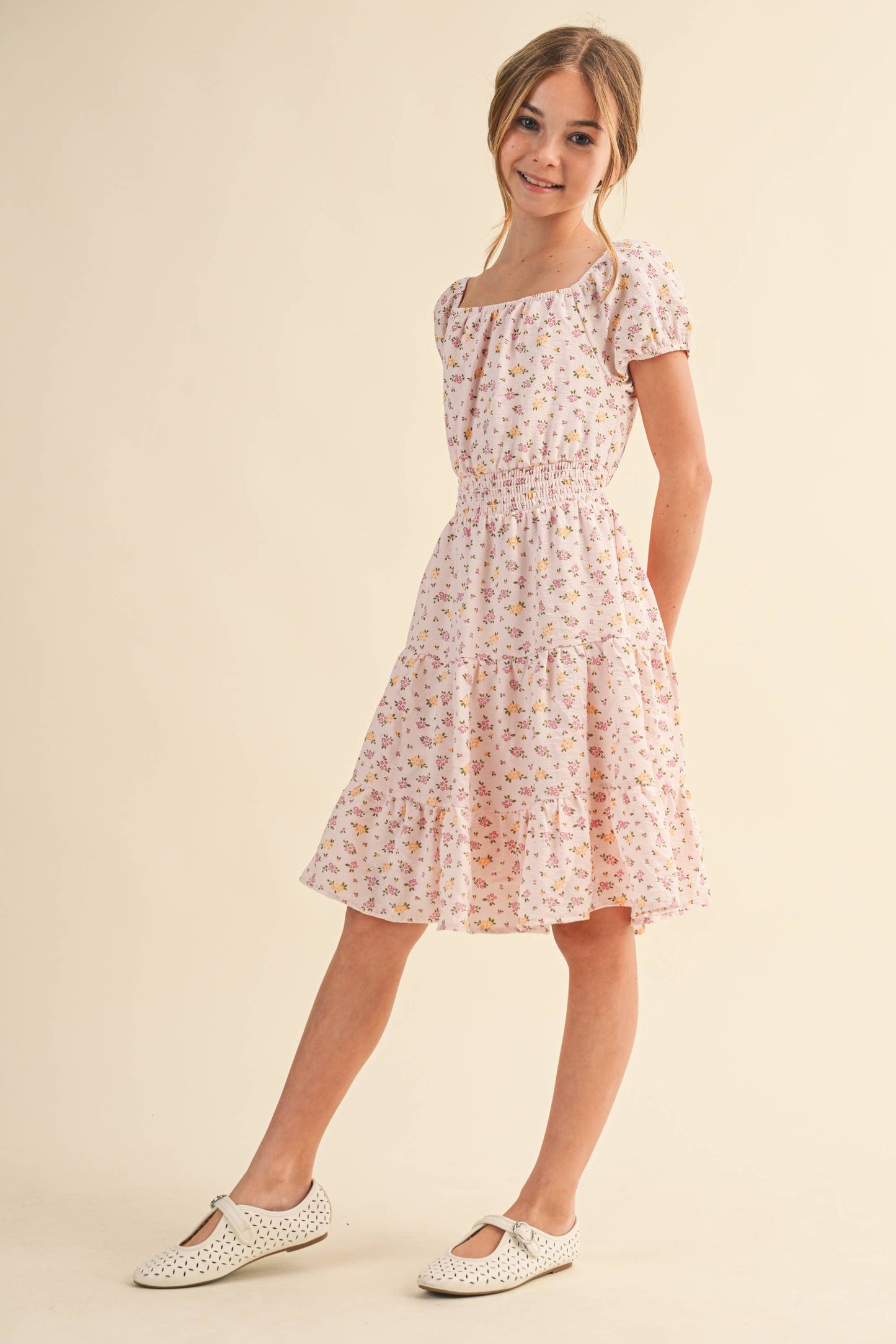 Tween Girls Peasant Puff Sleeve Smocked Waist