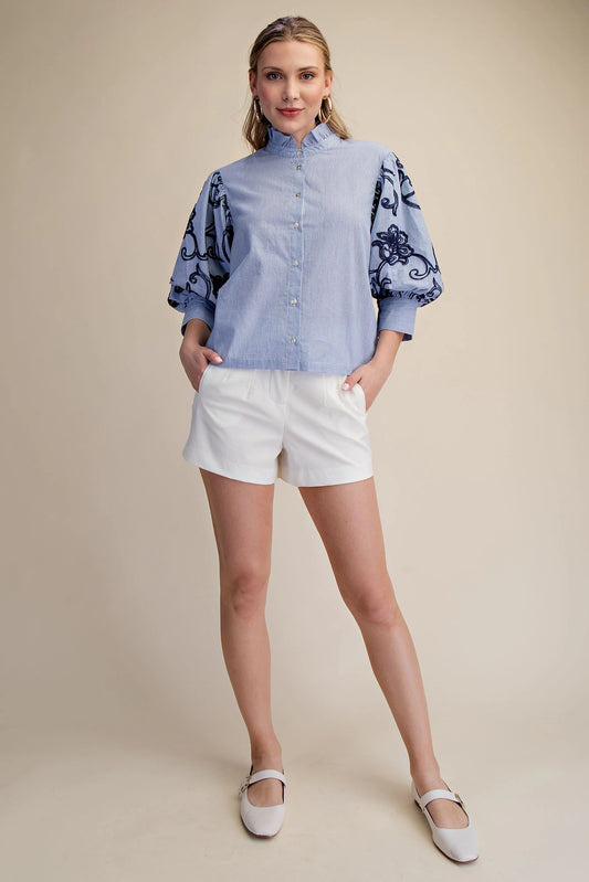Ruffle Neck Embroidery Puff Sleeve Blouse