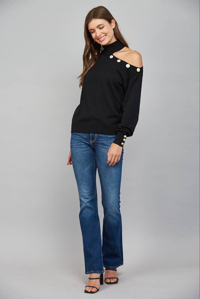 Asymmetrical One-Shoulder With Gold Button Detailing Turtleneck