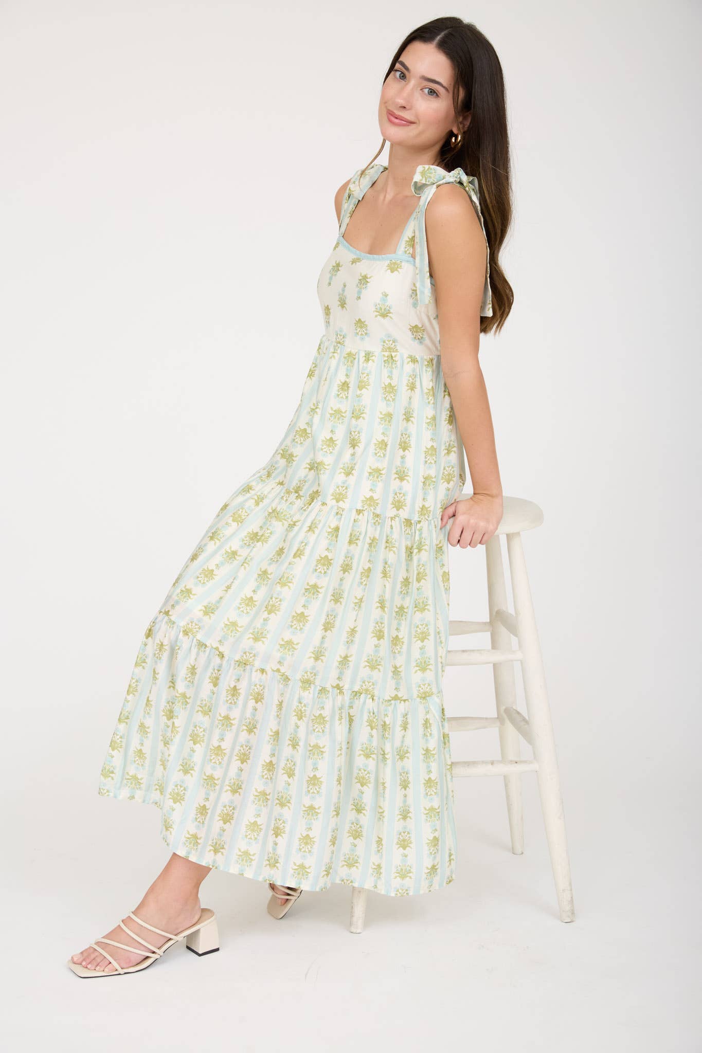 Stripe Floral Contrast Sleeveless Midi Dress
