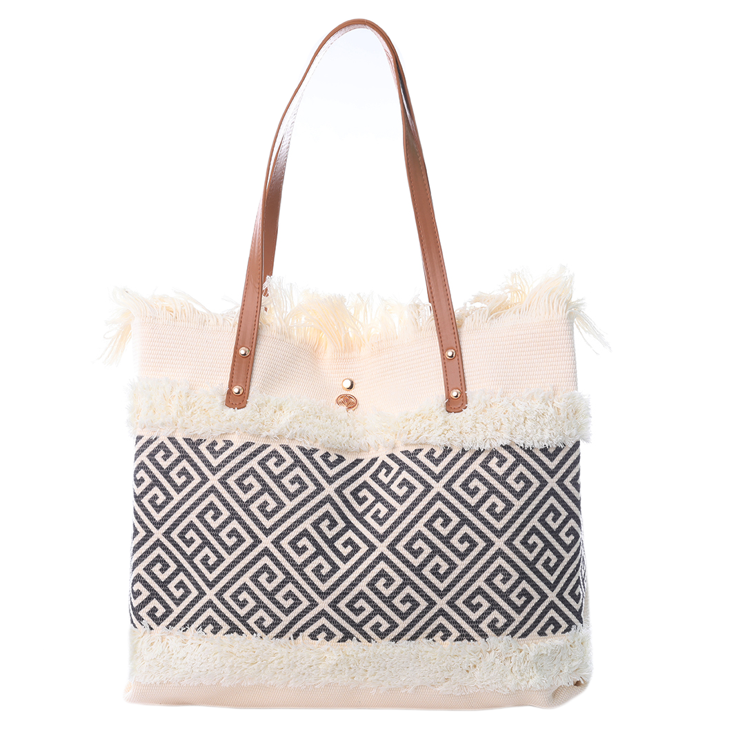 Beige and Black Geometric Tote with Tassels