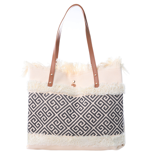 Beige and Black Geometric Tote with Tassels