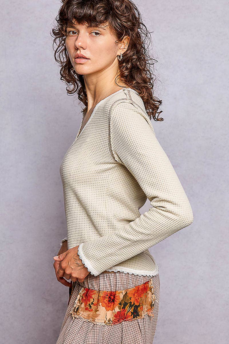 Pol Clothing Vintage Washing Solid Stitch Overlock Trim Knit Top