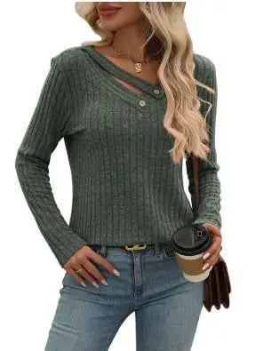 V-Neck Button Sweater with Long Sleeves