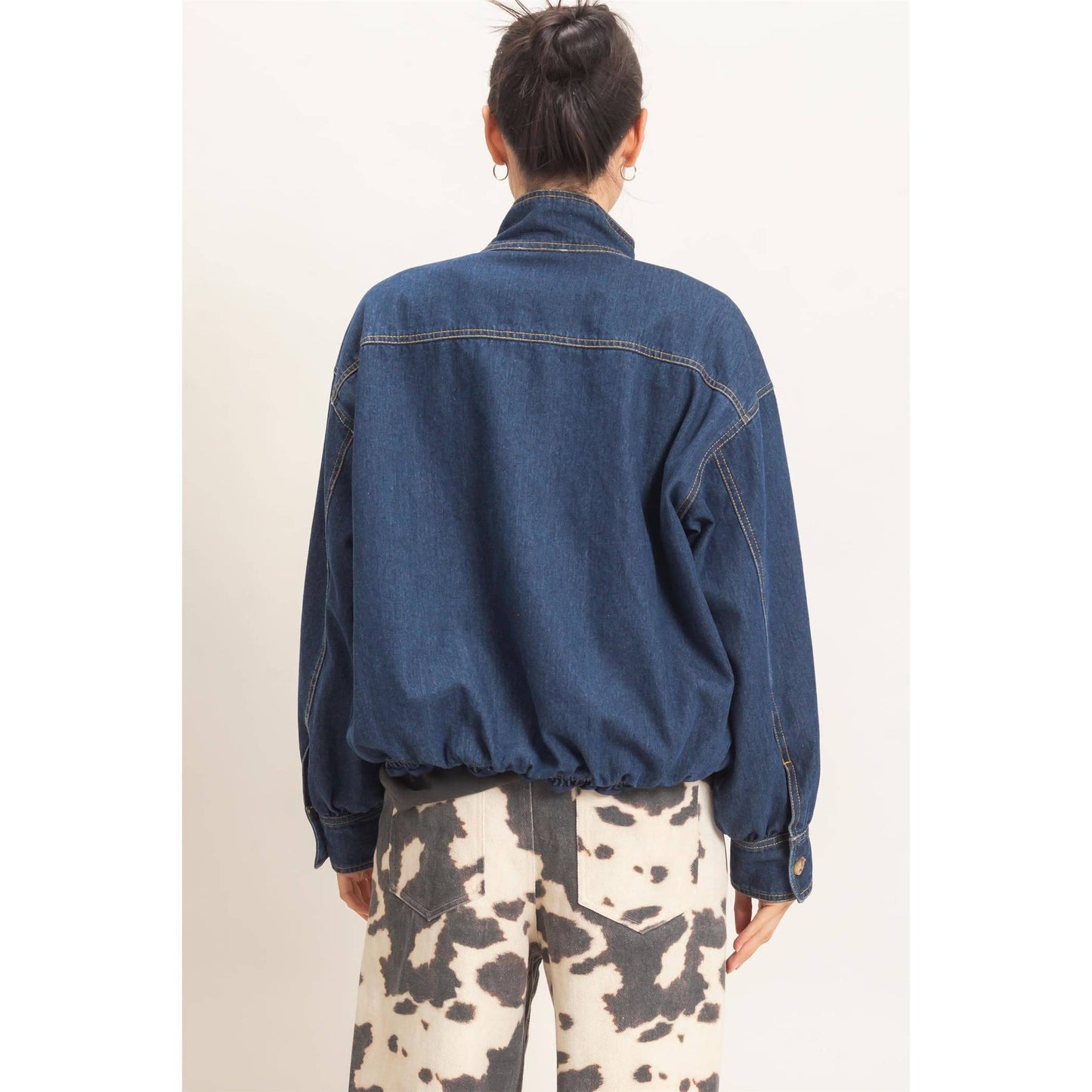 High Collar Denim Bomber Jacket