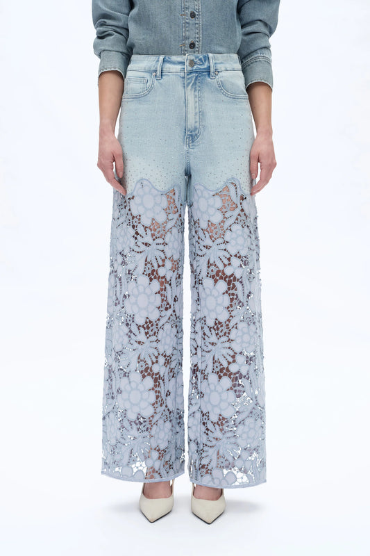 Bayeas Light Blue Lace Jeans with Rhinestones