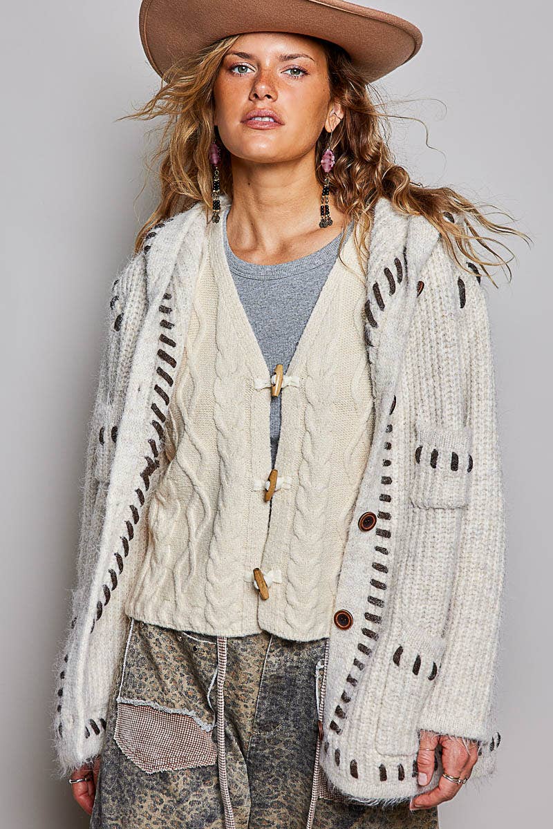 Pol Hooded Button Front Contrast Stitch Pocket Cardigan