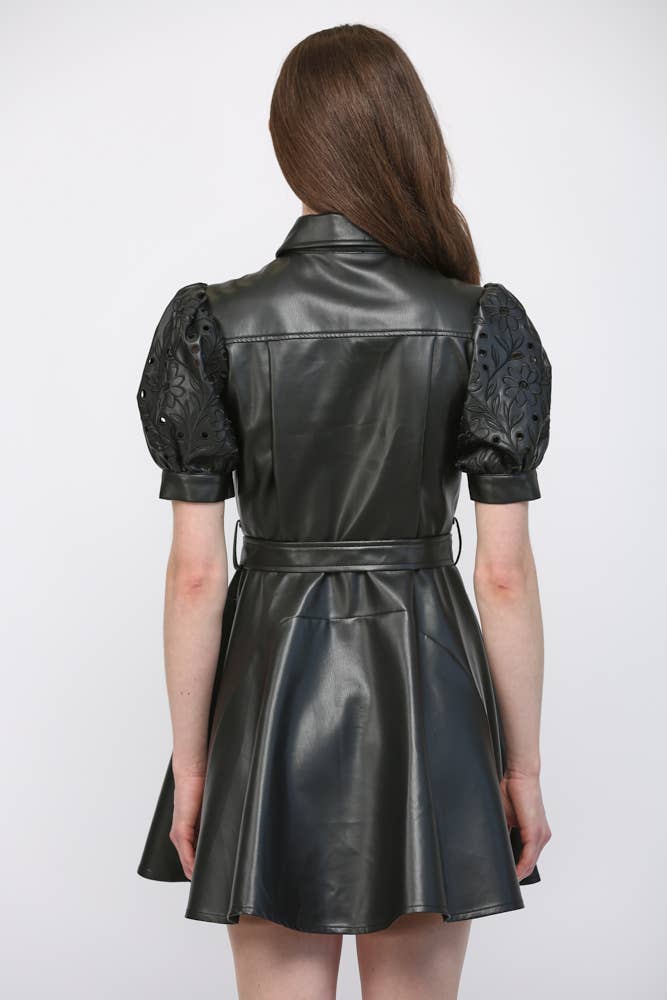 Faux Leather Embroidered Sleeve Dress