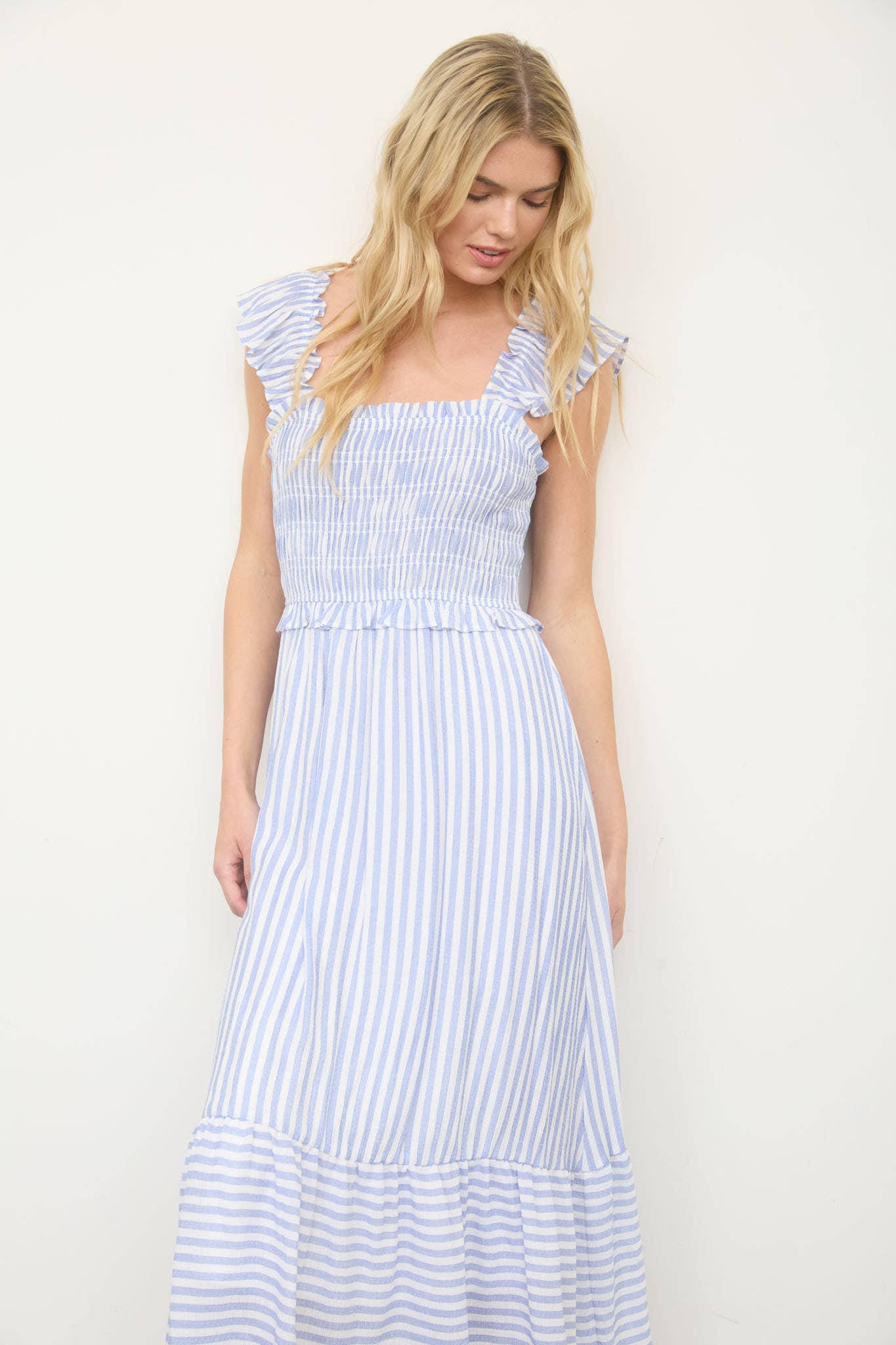 Blu Pepper Striped Smocked Ruffle Trim Midi Dress – Launch Boutique