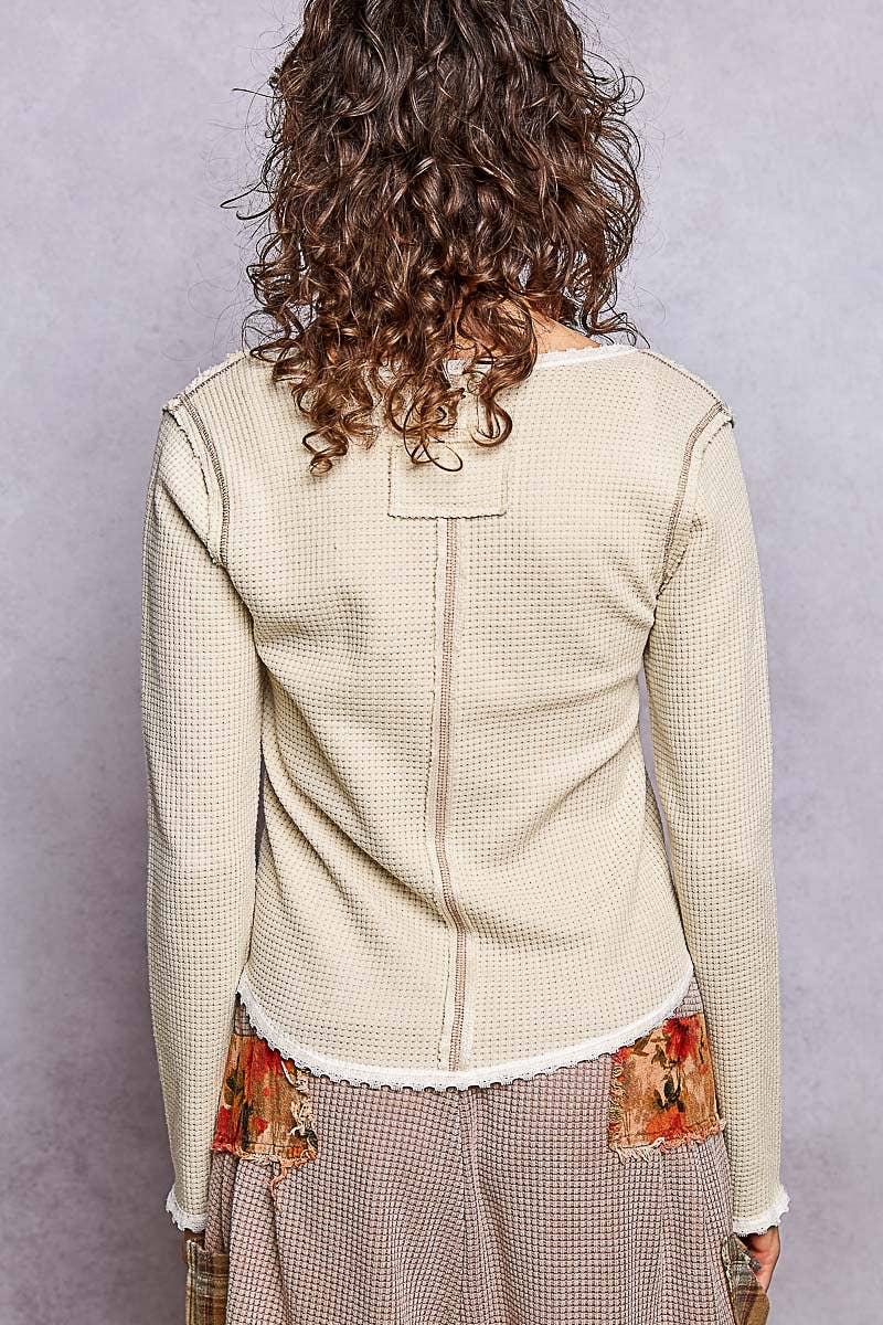 Pol Clothing Vintage Washing Solid Stitch Overlock Trim Knit Top