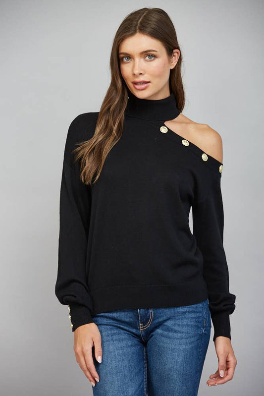 Asymmetrical One-Shoulder With Gold Button Detailing Turtleneck