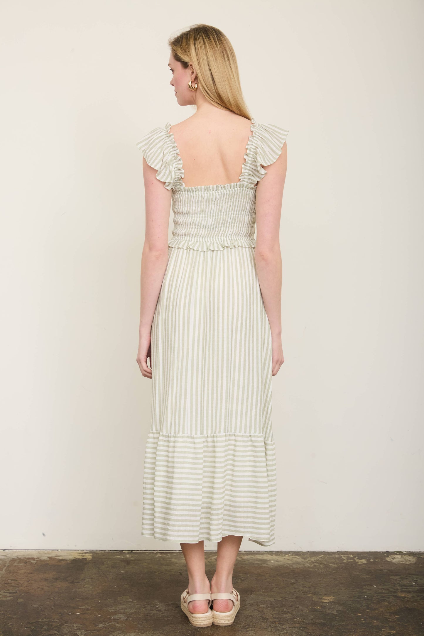 Blu Pepper Striped Smocked Ruffle Trim Midi Dress