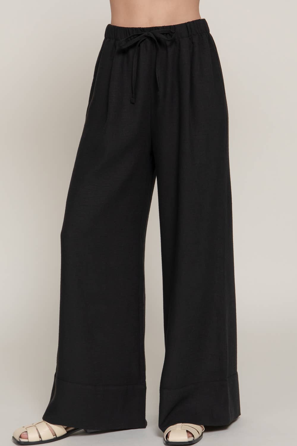 Linen Palazzo Pants Drawstring Waistband