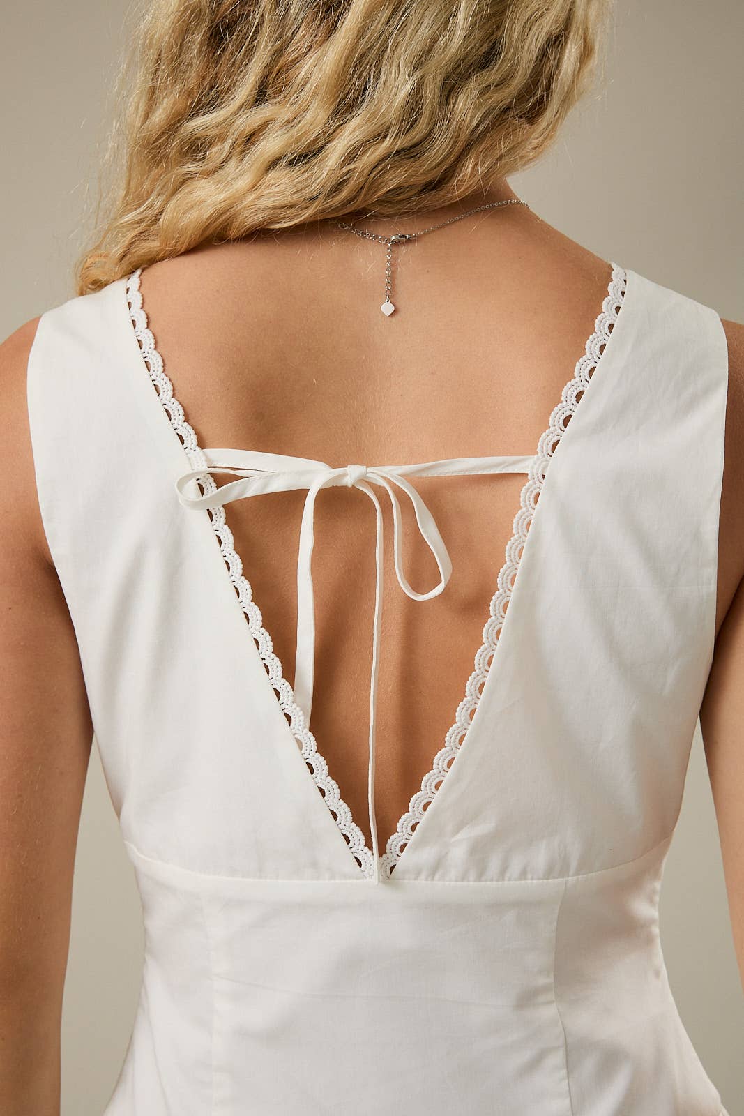V-Neckline Poplin Mini Dress White Trim Detail