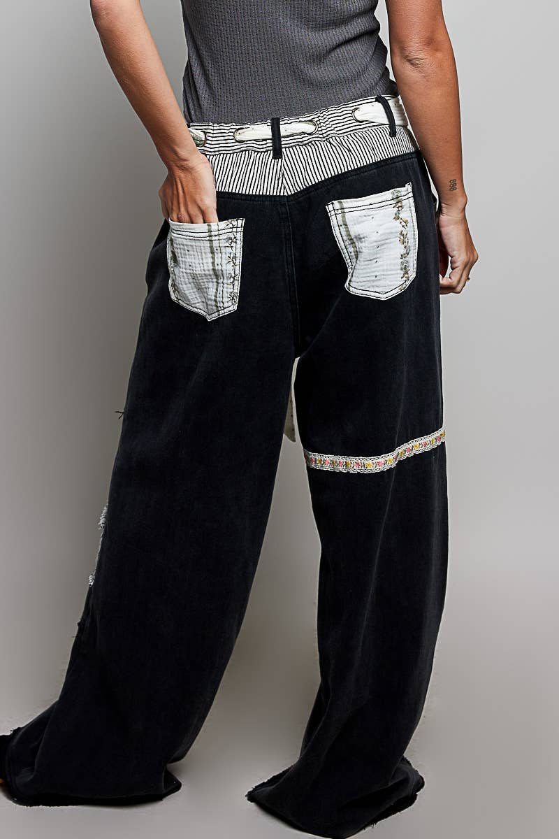 Pol Clothing Stripe Patch High Rise Wide Leg Twill Pants