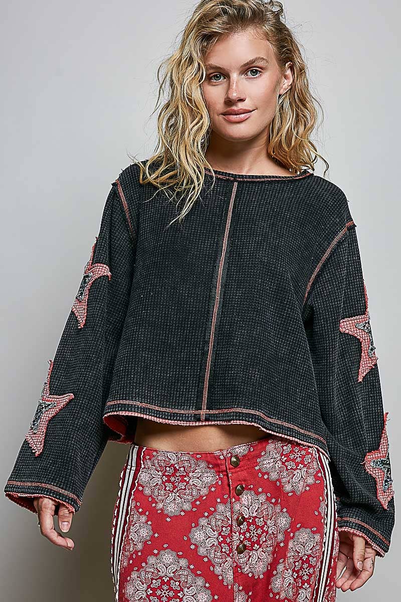 Pol Clothing Double Gauze Color Blocked Star Patch Solid Thermal Knit Top
