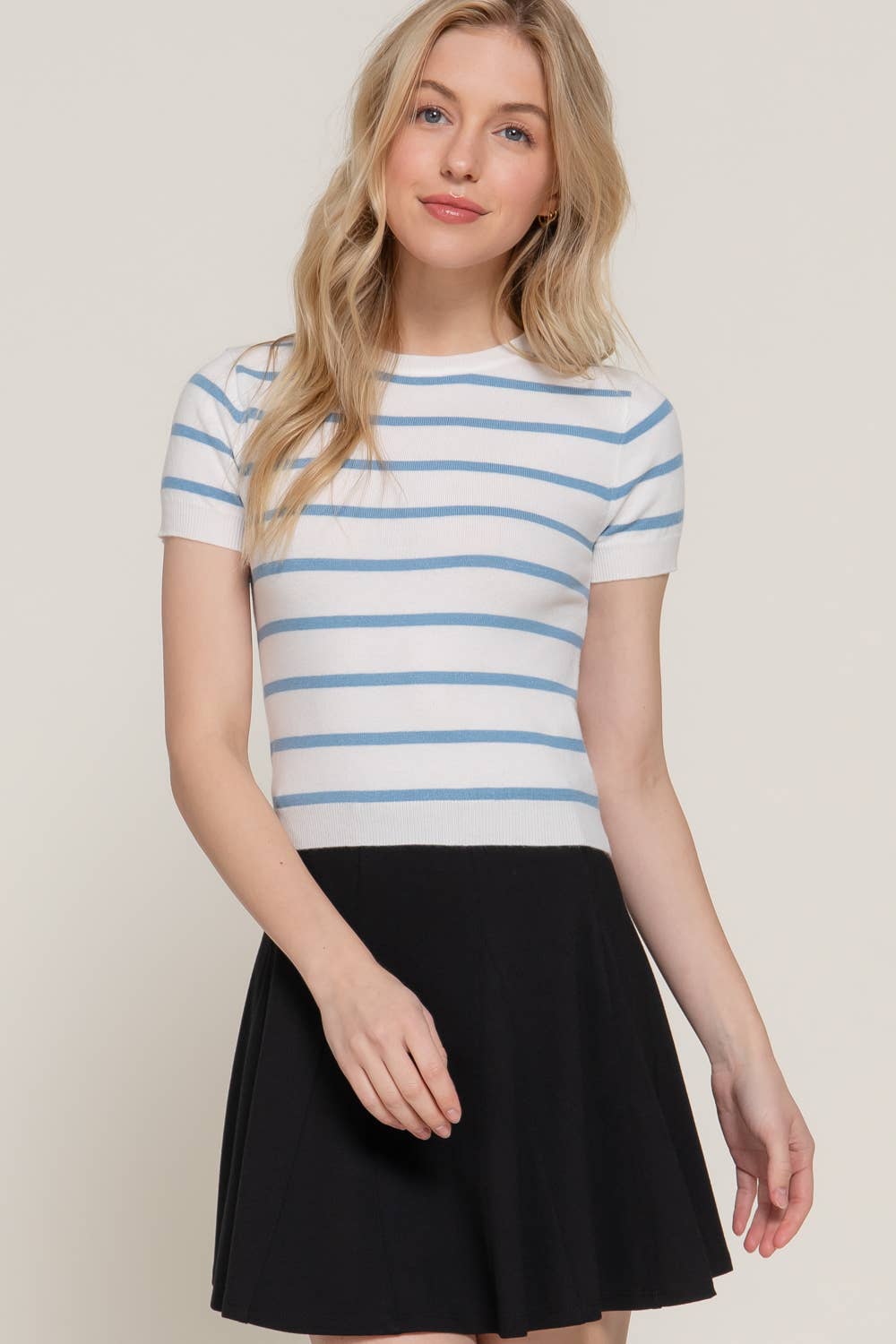 Short Sleeve Crew Neck Stripe Sweater