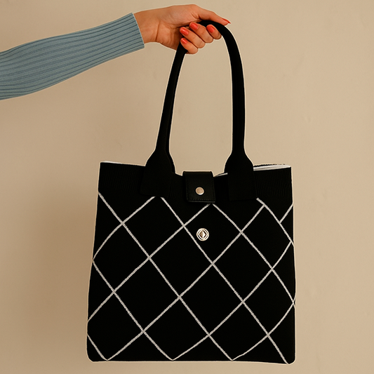 Black Knit Tote with White Diamond Pattern
