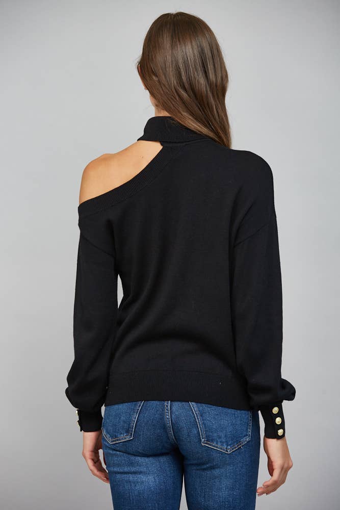 Asymmetrical One-Shoulder With Gold Button Detailing Turtleneck