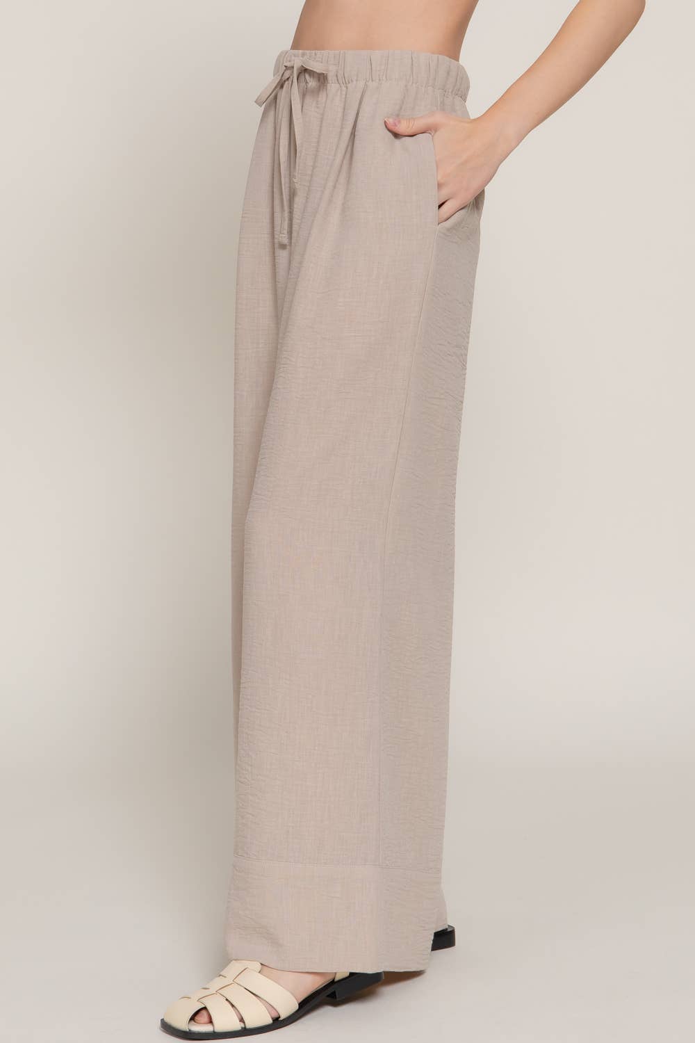 Linen Palazzo Pants Drawstring Waistband