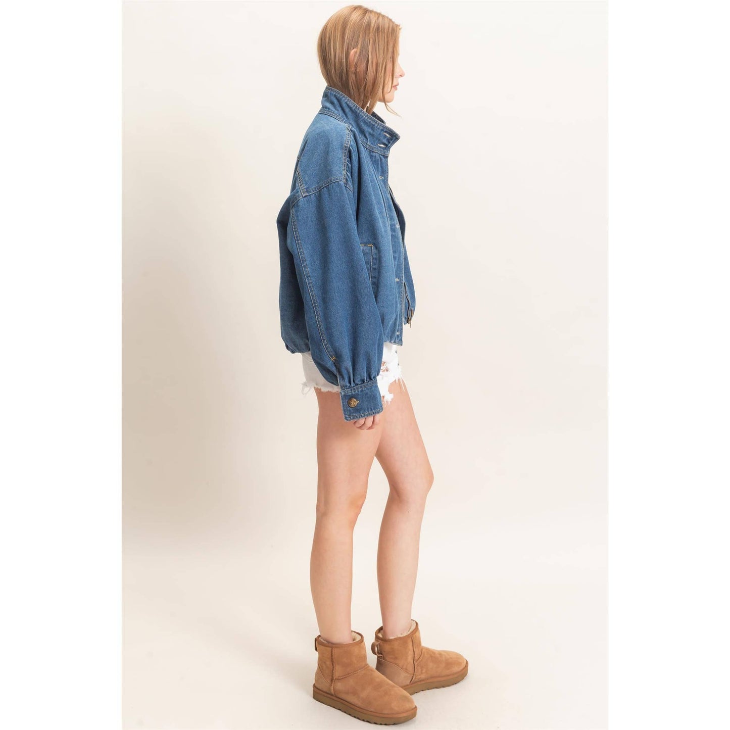 High Collar Denim Bomber Jacket