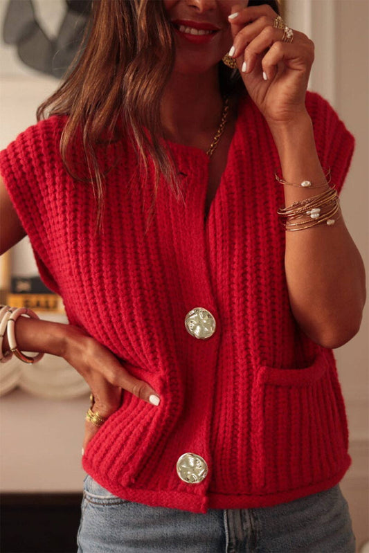 Textured Sweater Vest with Side Pockets and Buttons