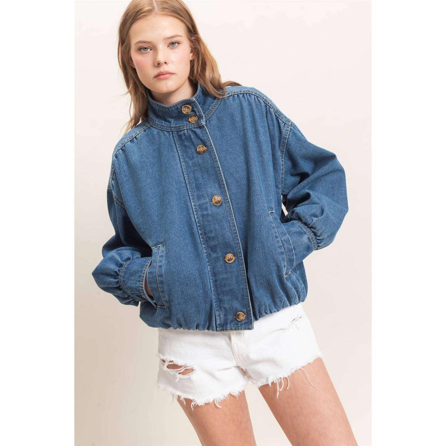 High Collar Denim Bomber Jacket