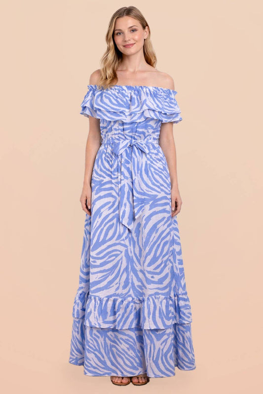 Zebra Printed Off Shoulder Maxi Resort Dress