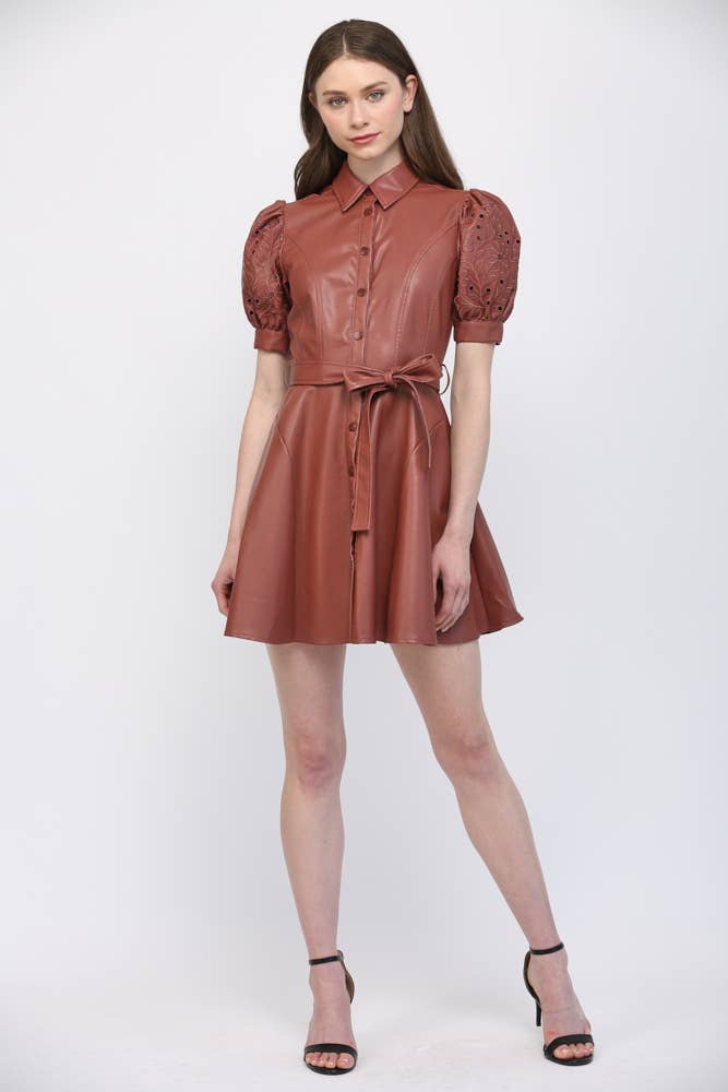 Faux Leather Embroidered Sleeve Dress