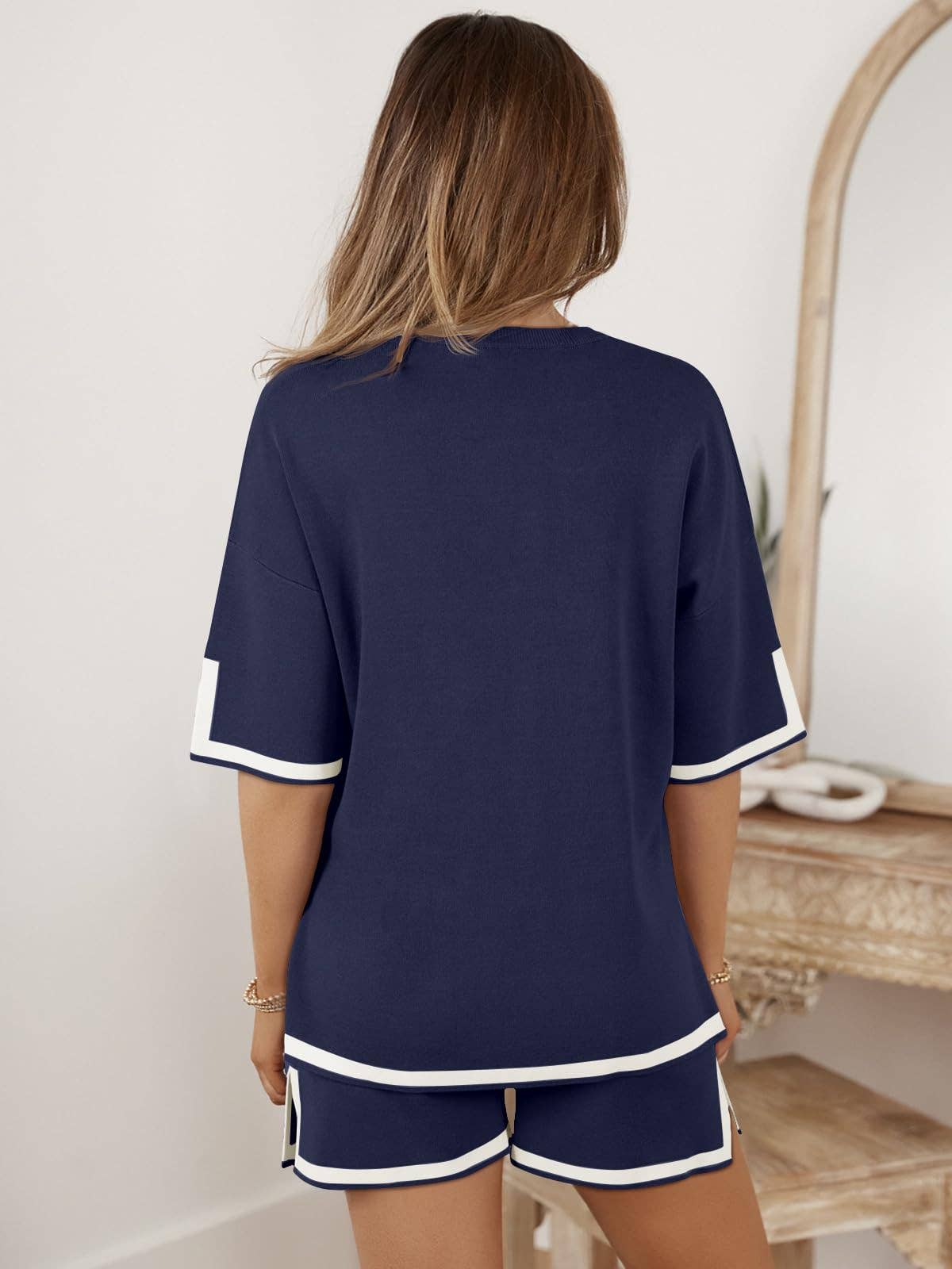 Contrast Trim Ribbed Knit Shorts Lounge Set